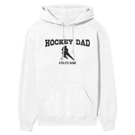 Hockey Dad with Hockey Player Icon and Hockey Player Name on a Hoodie with a Black Graphic