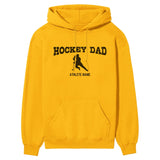 Hockey Dad with Hockey Player Icon and Hockey Player Name on a Hoodie with a Black Graphic