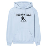 Hockey Dad with Hockey Player Icon and Hockey Player Name on a Hoodie with a Black Graphic