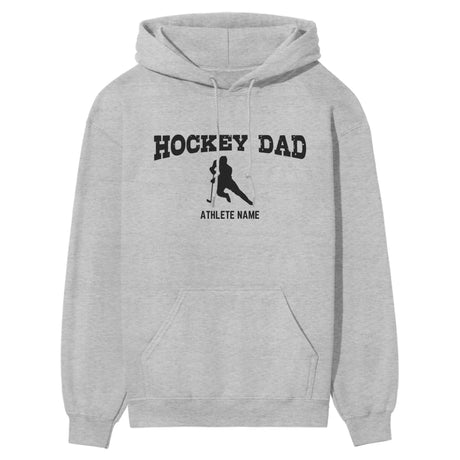 Hockey Dad with Hockey Player Icon and Hockey Player Name on a Hoodie with a Black Graphic