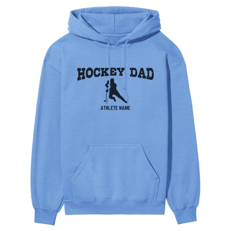 Hockey Dad with Hockey Player Icon and Hockey Player Name on a Hoodie with a Black Graphic