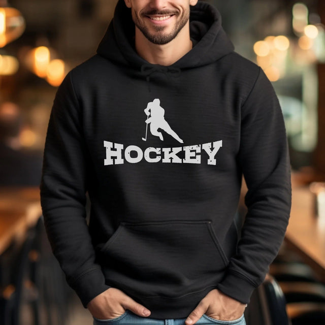 Basic Hockey with Hockey Player Icon on a Hoodie with a White Graphic