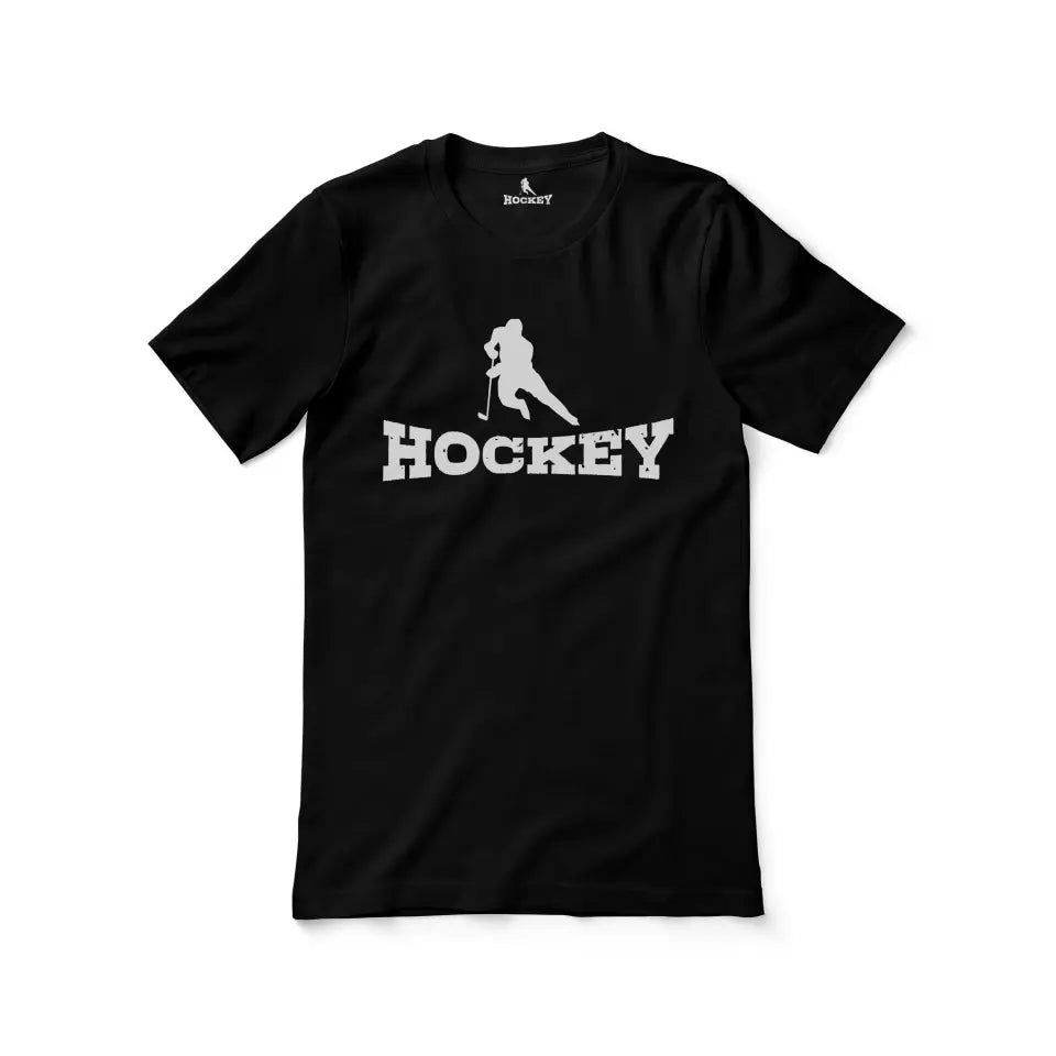 Basic Hockey with Hockey Player Icon on a Unisex T-Shirt with a White Graphic