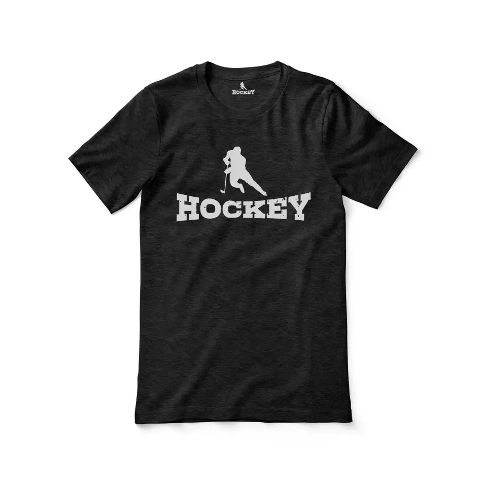 Basic Hockey with Hockey Player Icon on a Unisex T-Shirt with a White Graphic