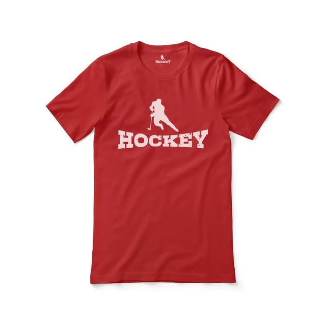 Basic Hockey with Hockey Player Icon on a Unisex T-Shirt with a White Graphic