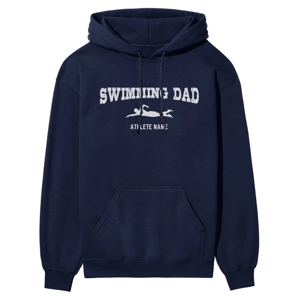 Swimming Dad with Swimmer Icon and Swimmer Name on a Hoodie with a White Graphic