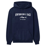 Swimming Dad with Swimmer Icon and Swimmer Name on a Hoodie with a White Graphic