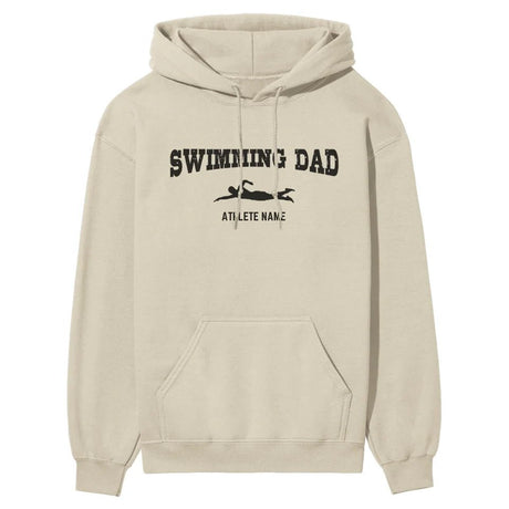 Swimming Dad with Swimmer Icon and Swimmer Name on a Hoodie with a Black Graphic