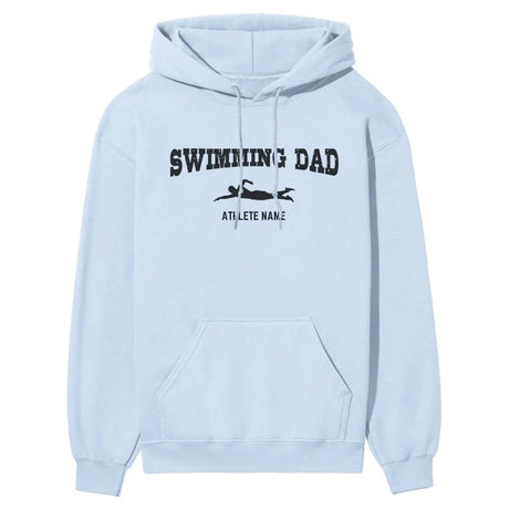 Swimming Dad with Swimmer Icon and Swimmer Name on a Hoodie with a Black Graphic