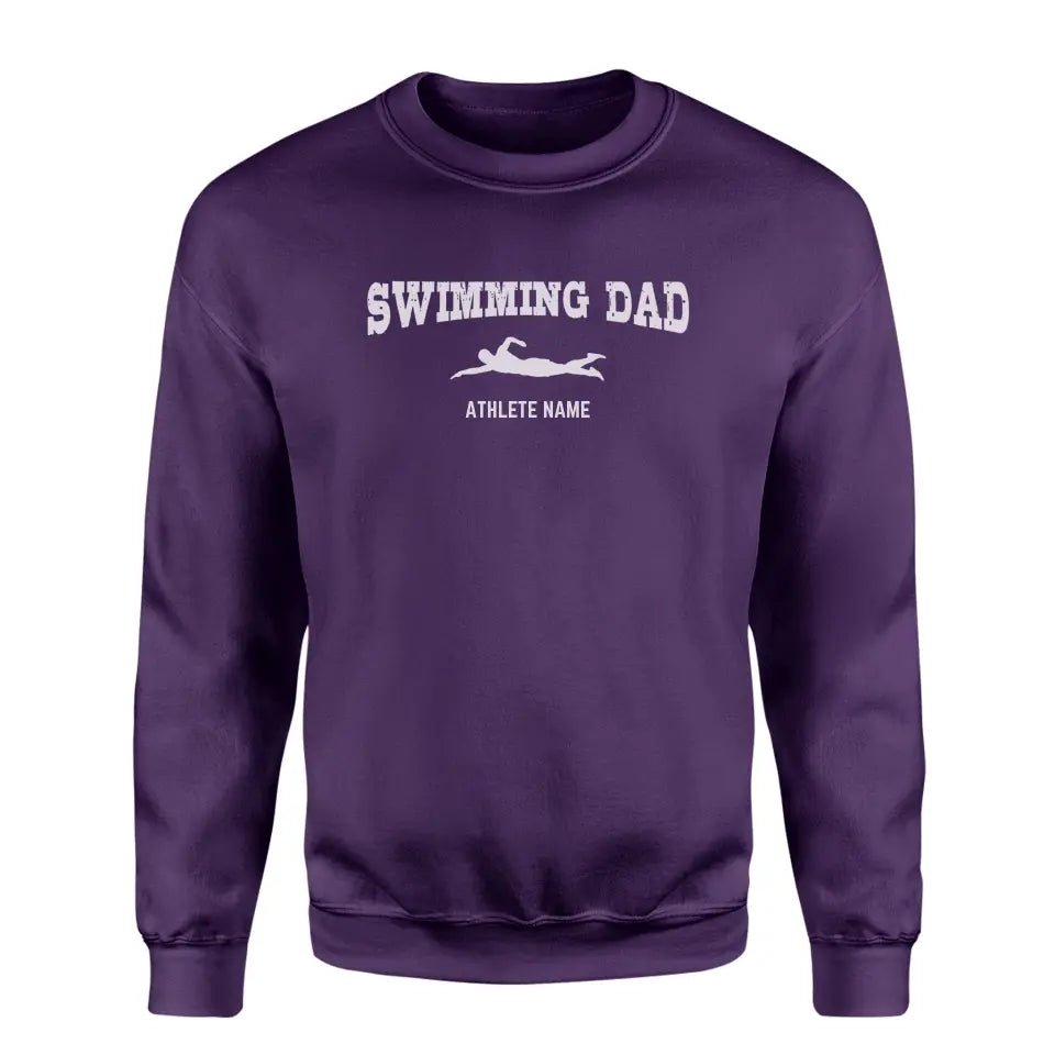 Swimming Dad with Swimmer Icon and Swimmer Name on a Sweatshirt with a White Graphic