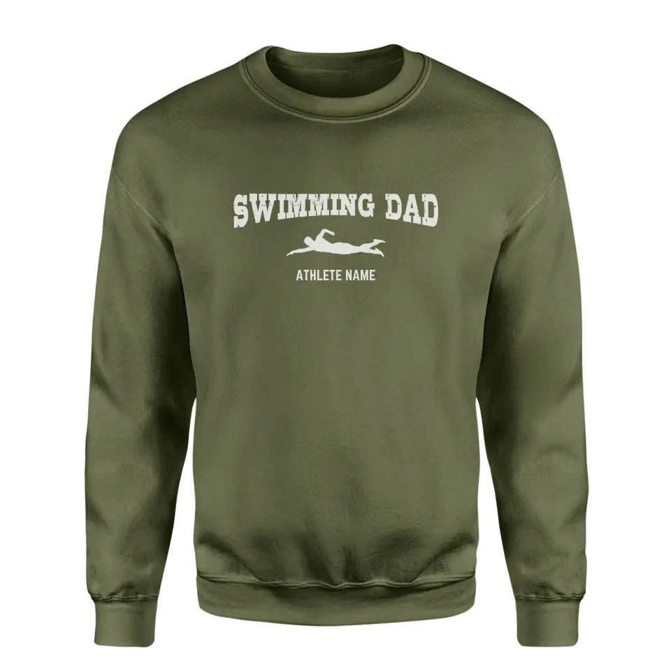 Swimming Dad with Swimmer Icon and Swimmer Name on a Sweatshirt with a White Graphic