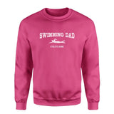 Swimming Dad with Swimmer Icon and Swimmer Name on a Sweatshirt with a White Graphic