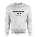 Swimming Dad with Swimmer Icon and Swimmer Name on a Sweatshirt with a Black Graphic