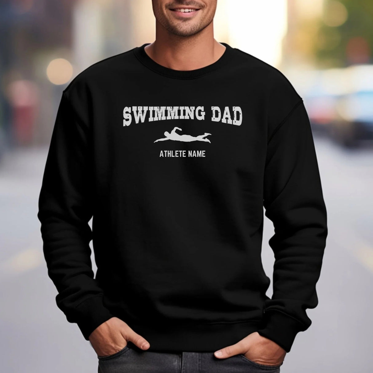Swimming Dad with Swimmer Icon and Swimmer Name on a Sweatshirt with a White Graphic