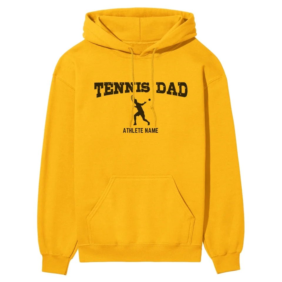 Tennis Dad with Tennis Player Icon and Tennis Player Name on a Hoodie with a Black Graphic